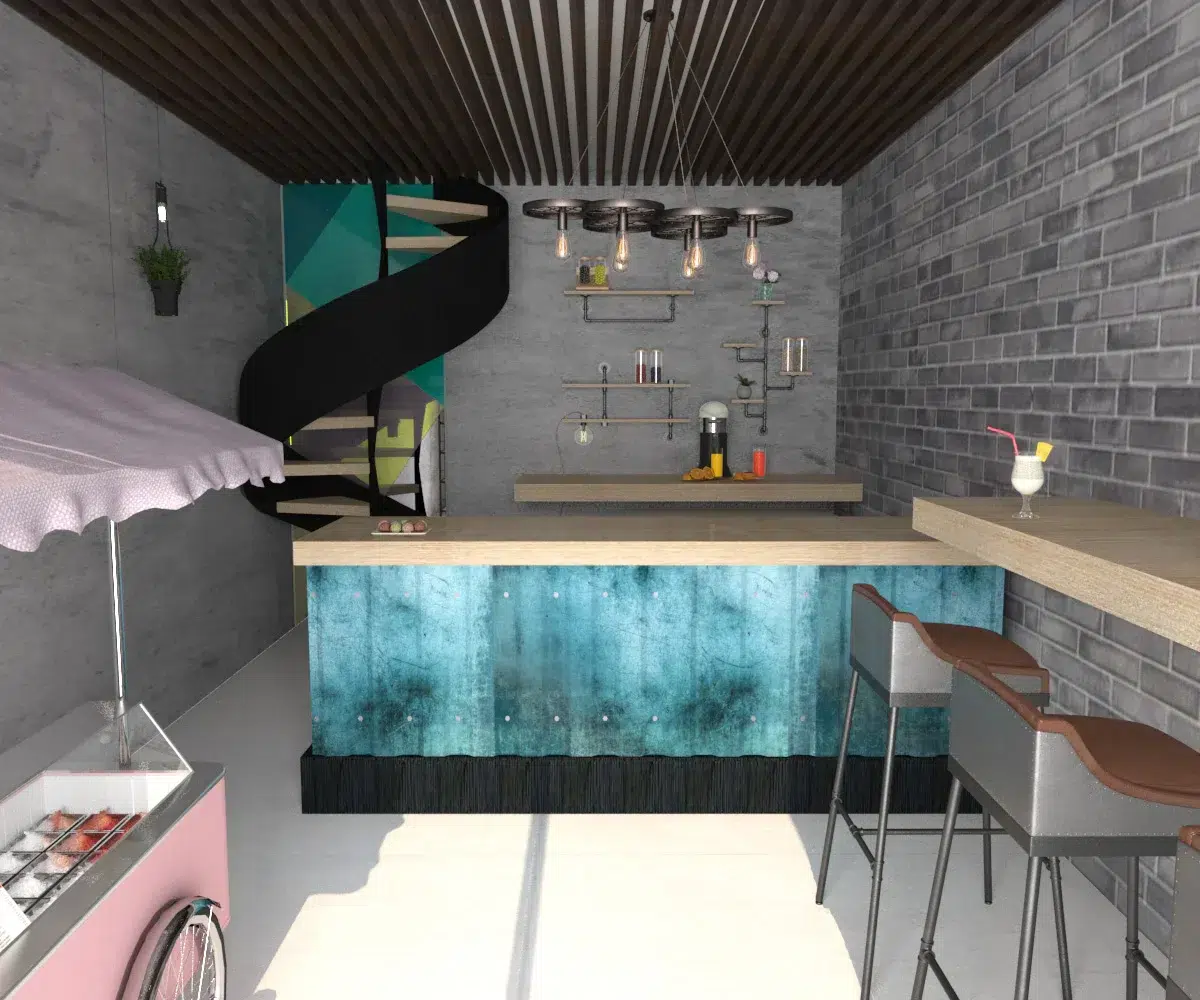 Juice shop interior design with modern bar counter, shelving display, and warm lighting