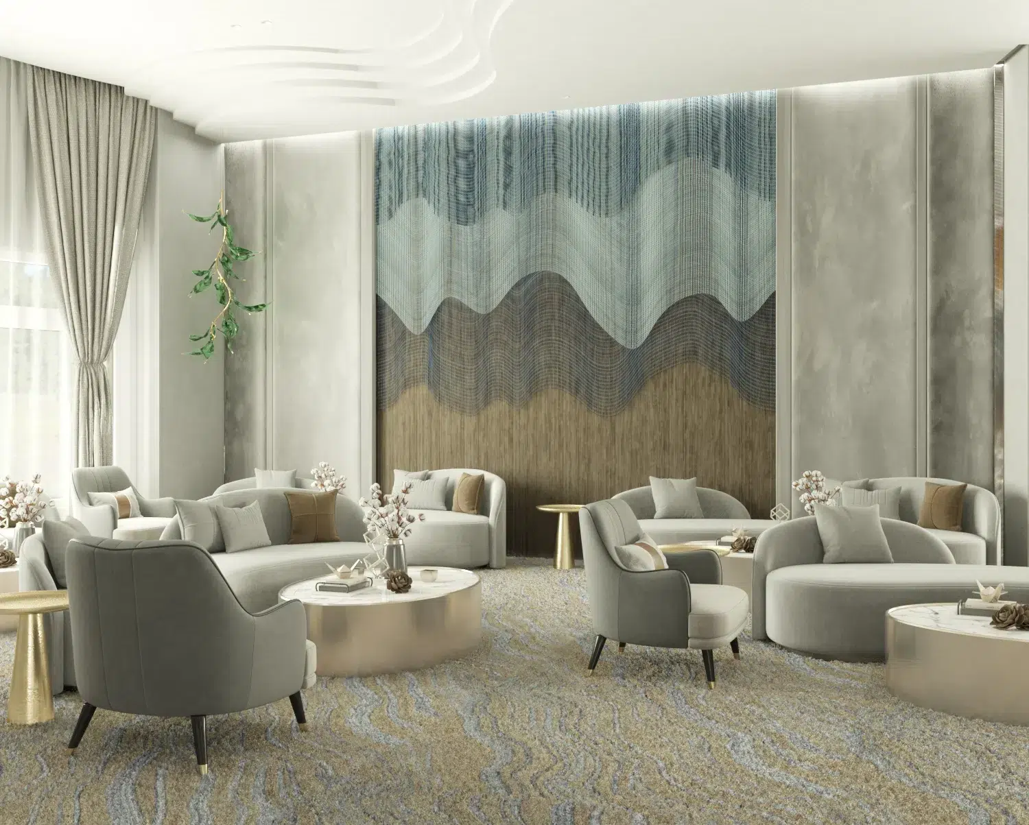 Modern wedding hall interior design with soft lighting, premium materials, and refined