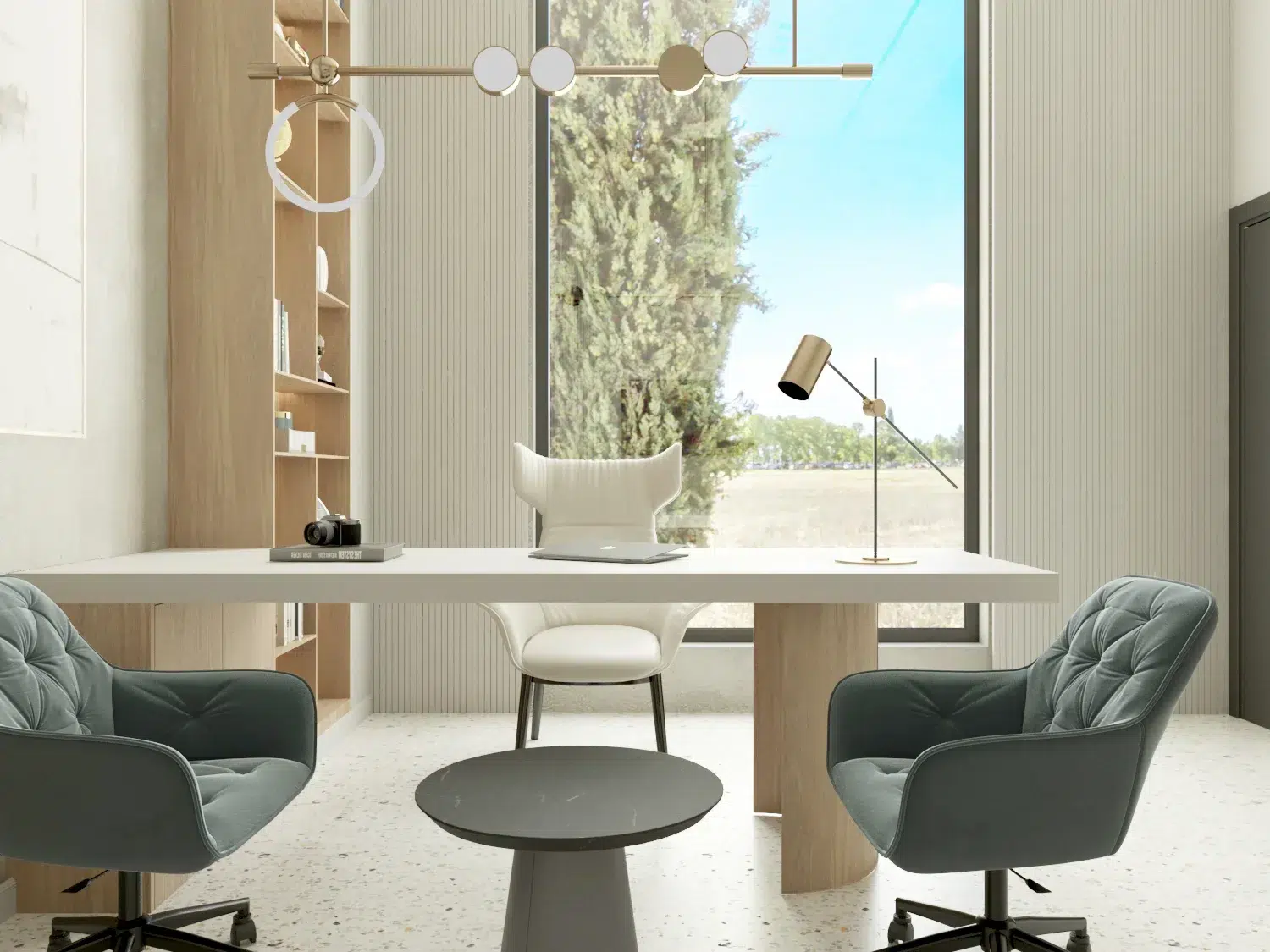 Modern office design with contemporary chairs, shelving, and clear organization.