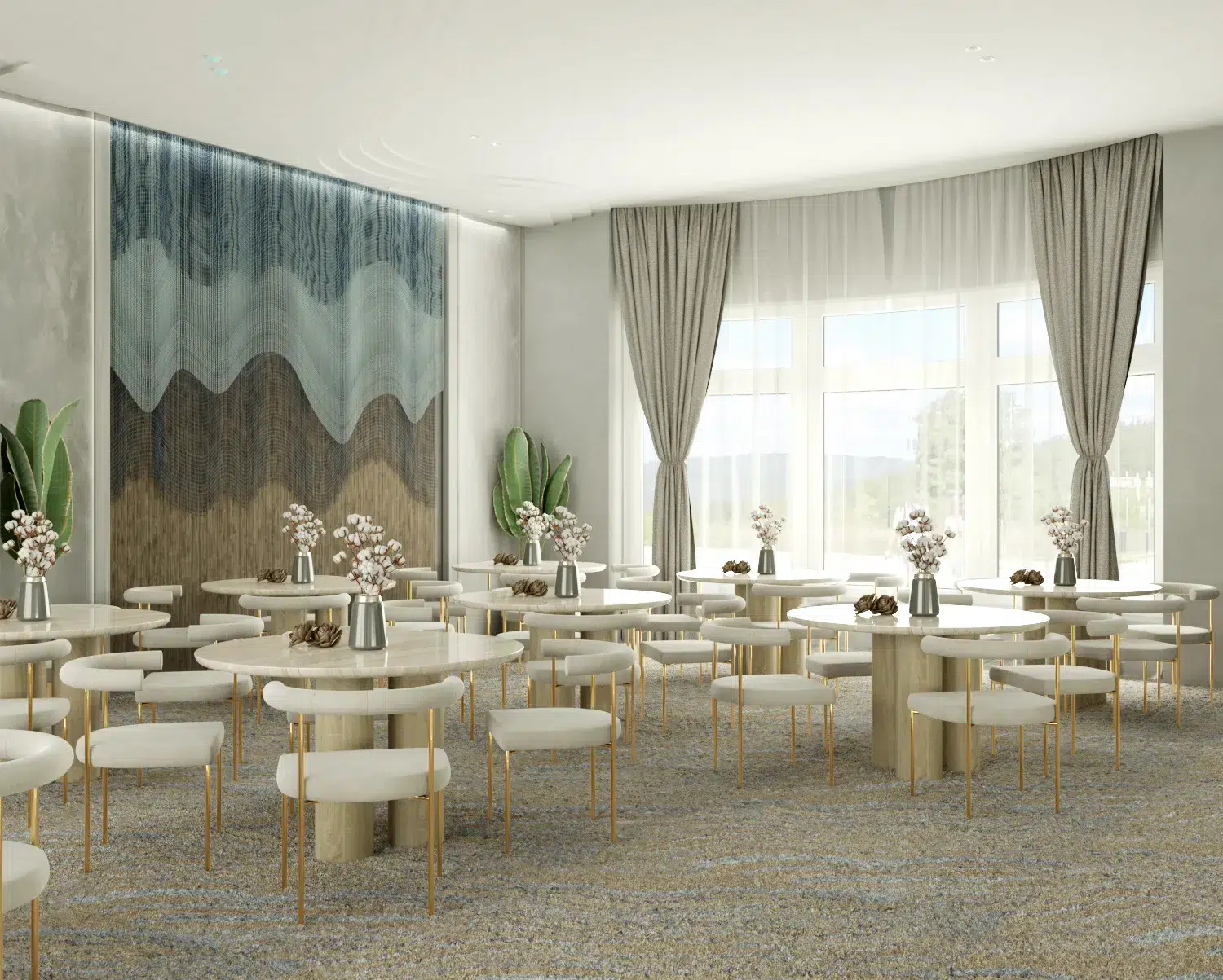 Wedding hall interior design with grand entrance, elegant seating