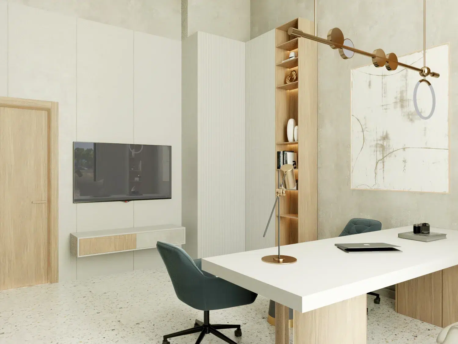 Commercial office interior design featuring meeting space and modern workspace furniture