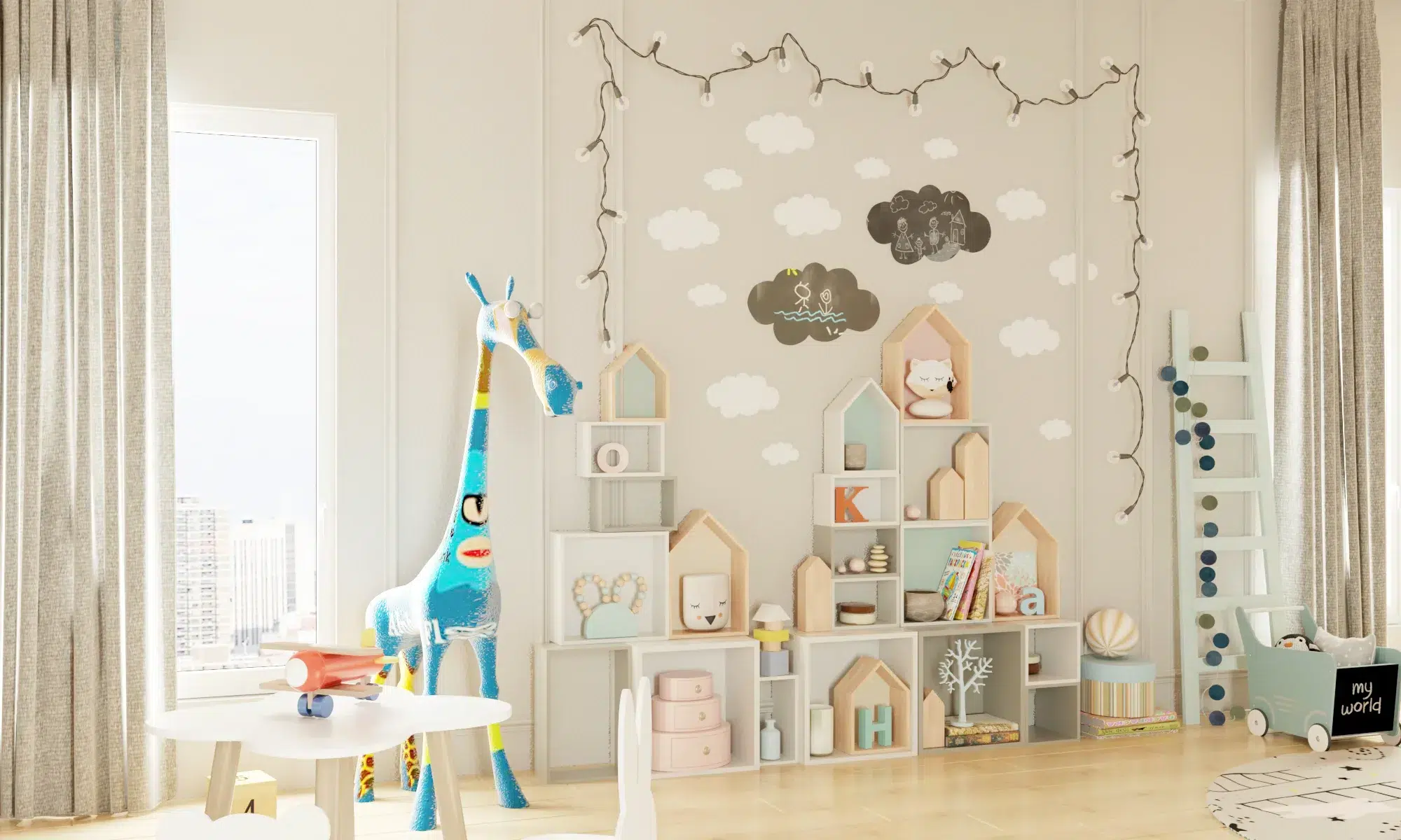 Interior design for babies featuring colorful games wall art and soft decorative accents