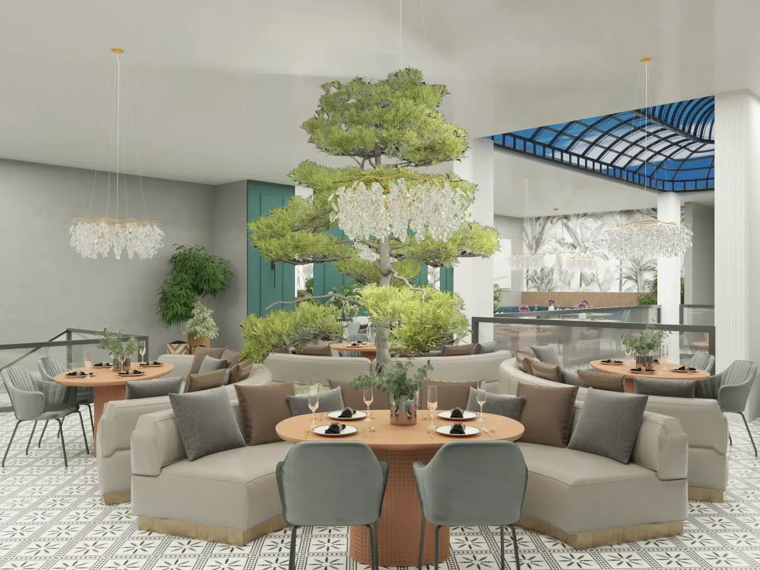 restaurant interior design with luxurious seating and decorative lighting fixtures