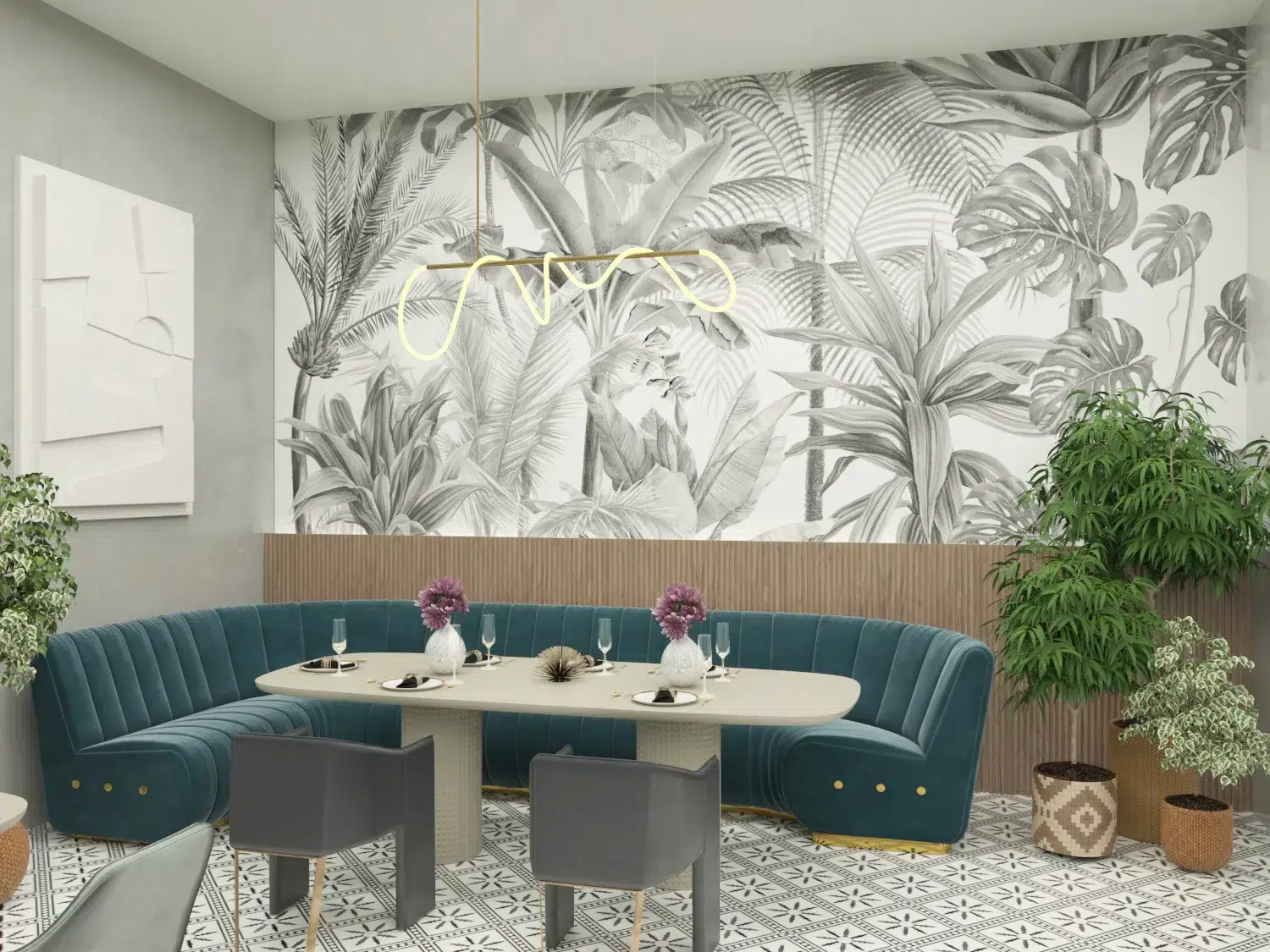 restaurant interior design with unique lighting features and modern décor