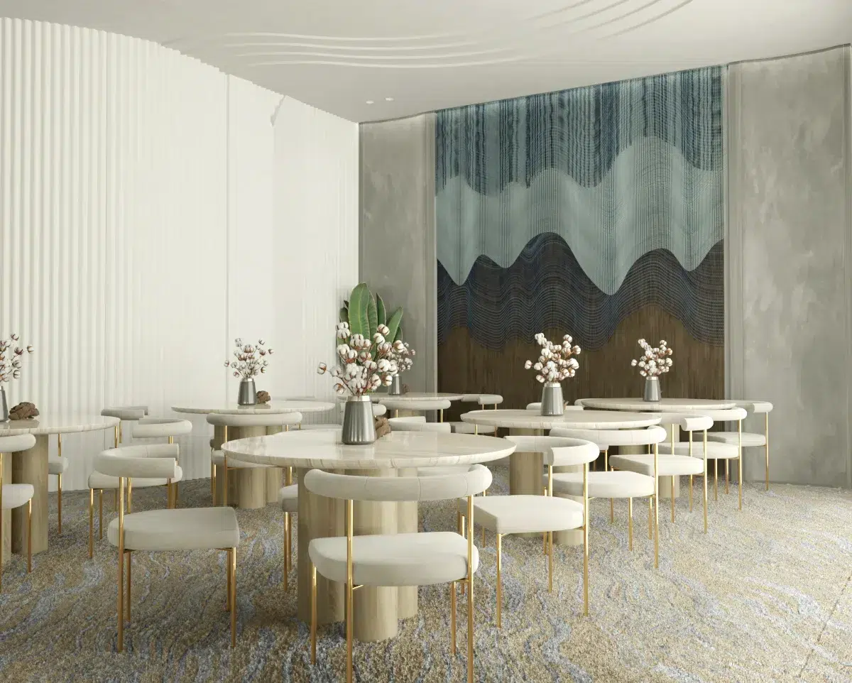 classy wedding hall interior with modern gold accents and luxury interior design