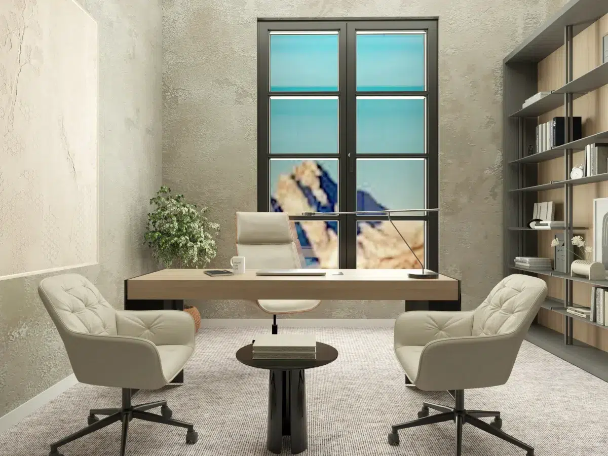 Commercial office interior design featuring meeting space and modern workspace furniture