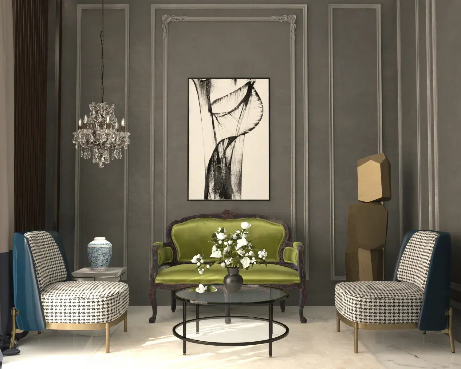 Dark luxe classic living room interior design by Sustainable Home with rich textures and elegant details