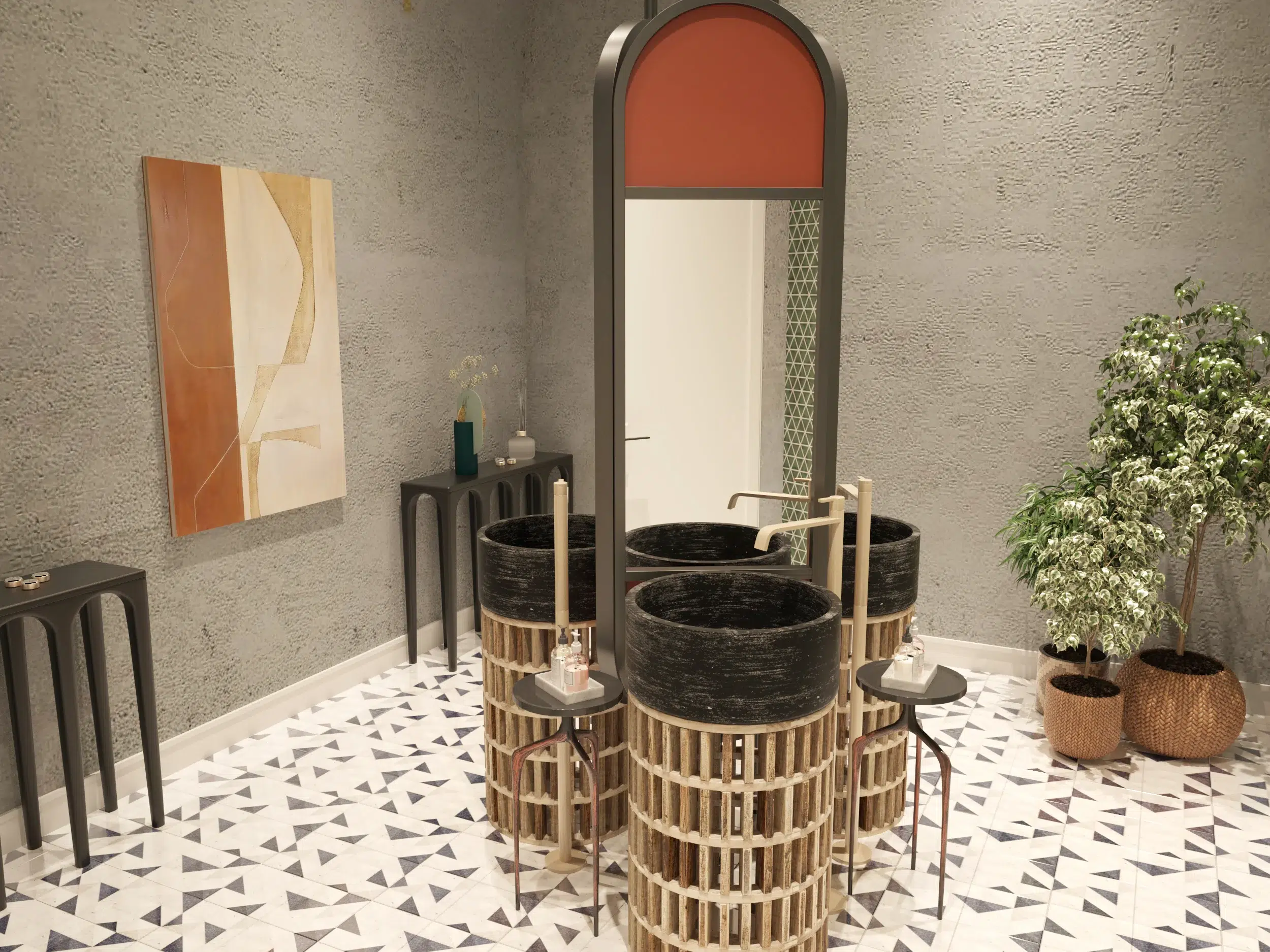 Luxury bathroom interior design featuring marble surfaces and gold fixtures