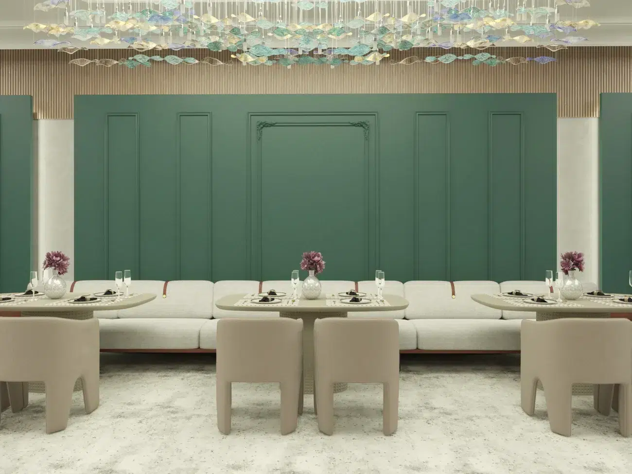 Sustainable Home restaurant interior design with unique lighting features and modern décor