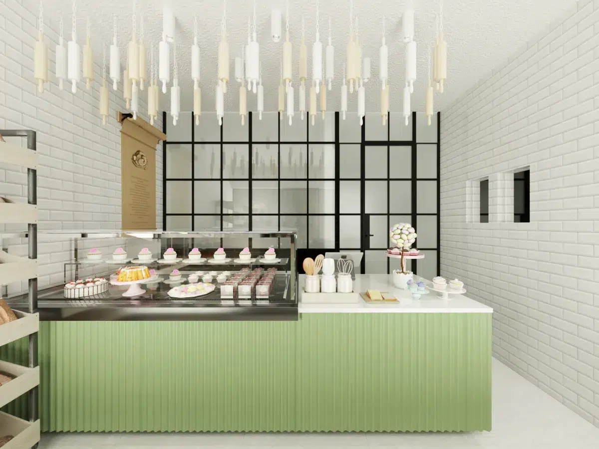 Modern bakery shop design featuring organized pastry stations and premium materials