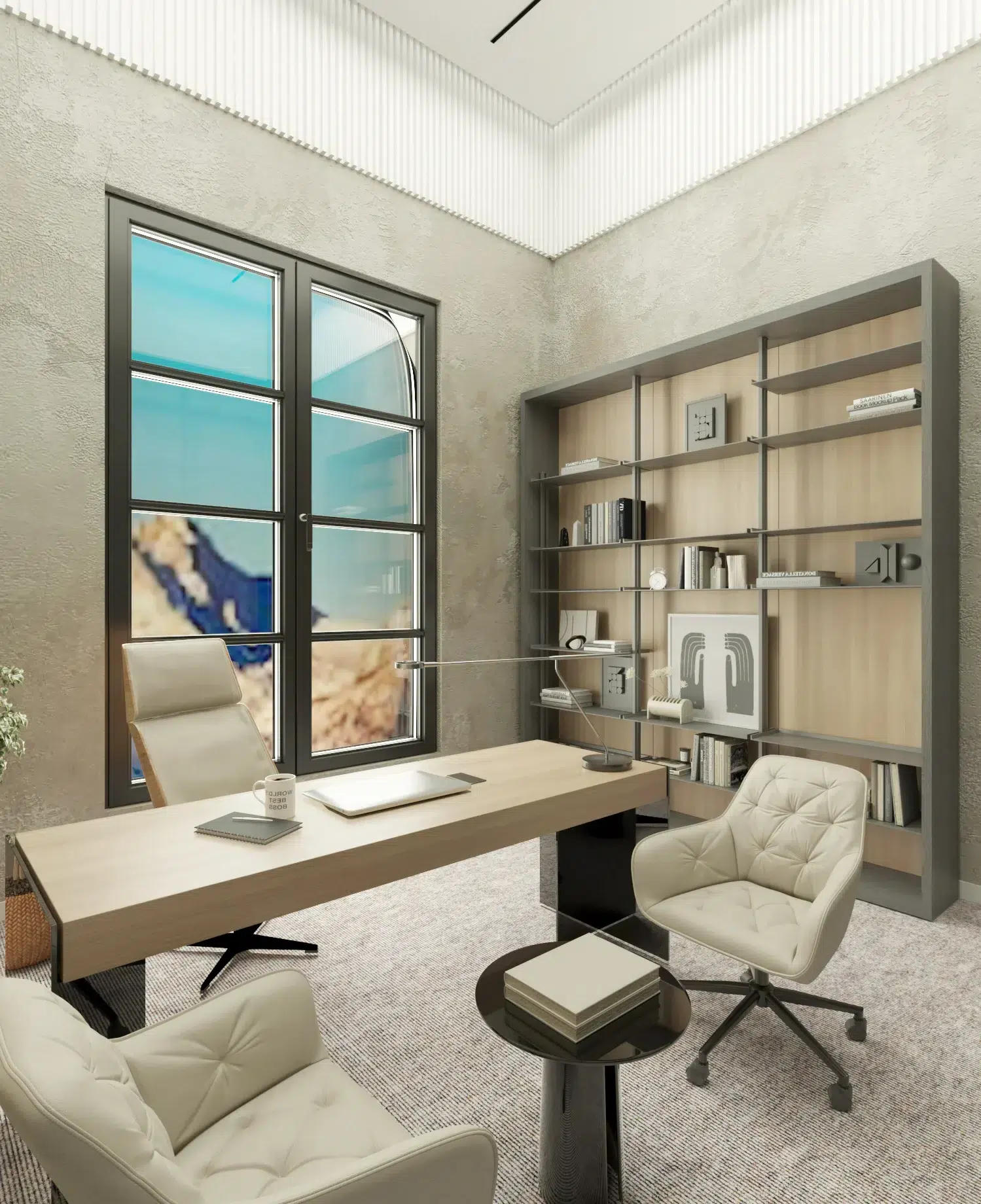 office interior design with neutral tones and minimal décor