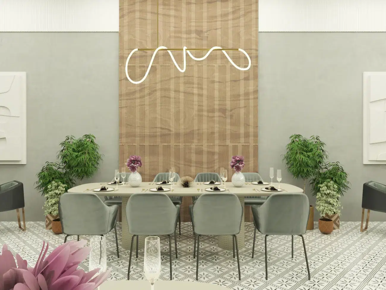 Luxury restaurant interior featuring marble accents and premium seating arrangements