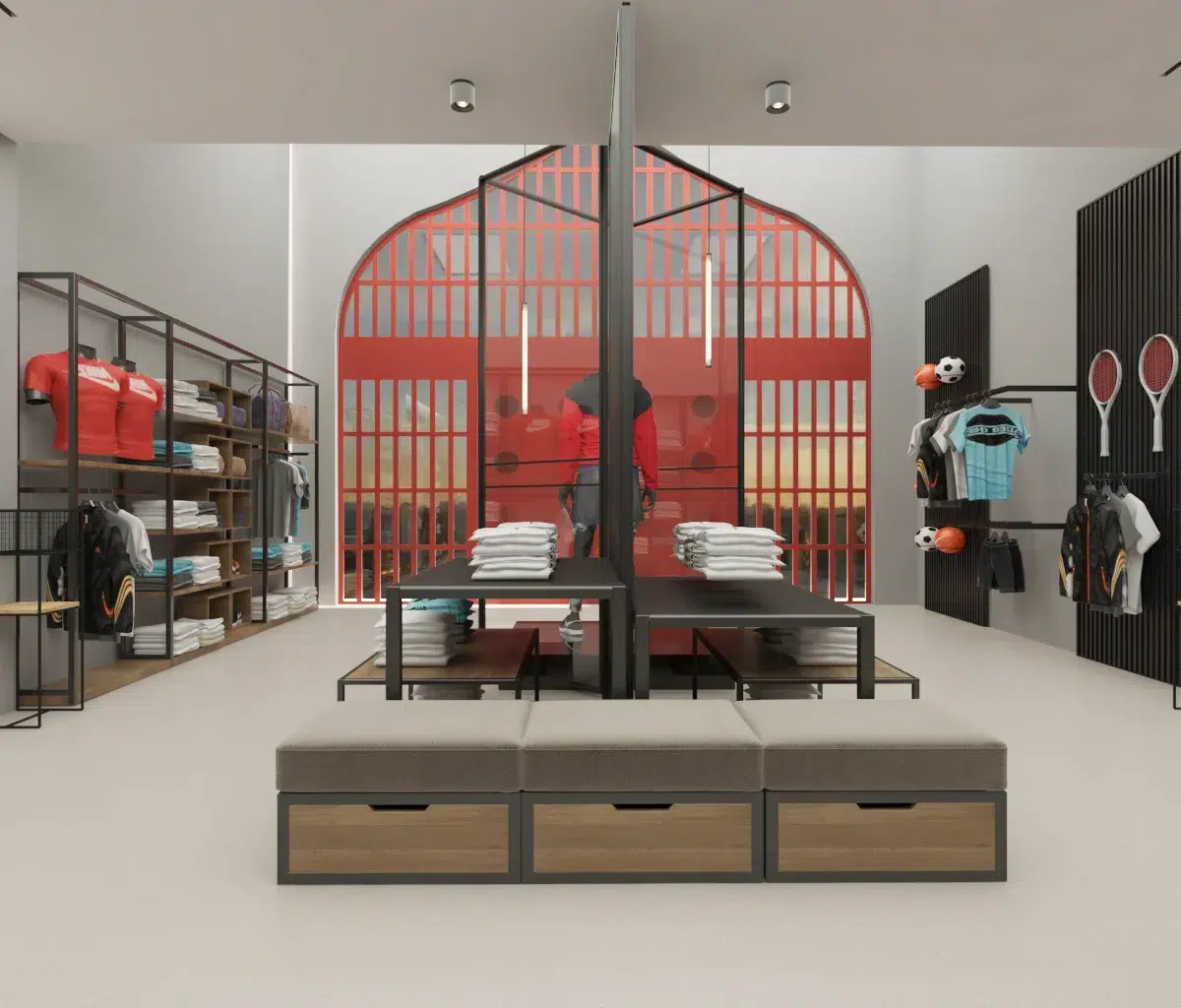 Sportswear shop interior design with functional shelving and modern aesthetics