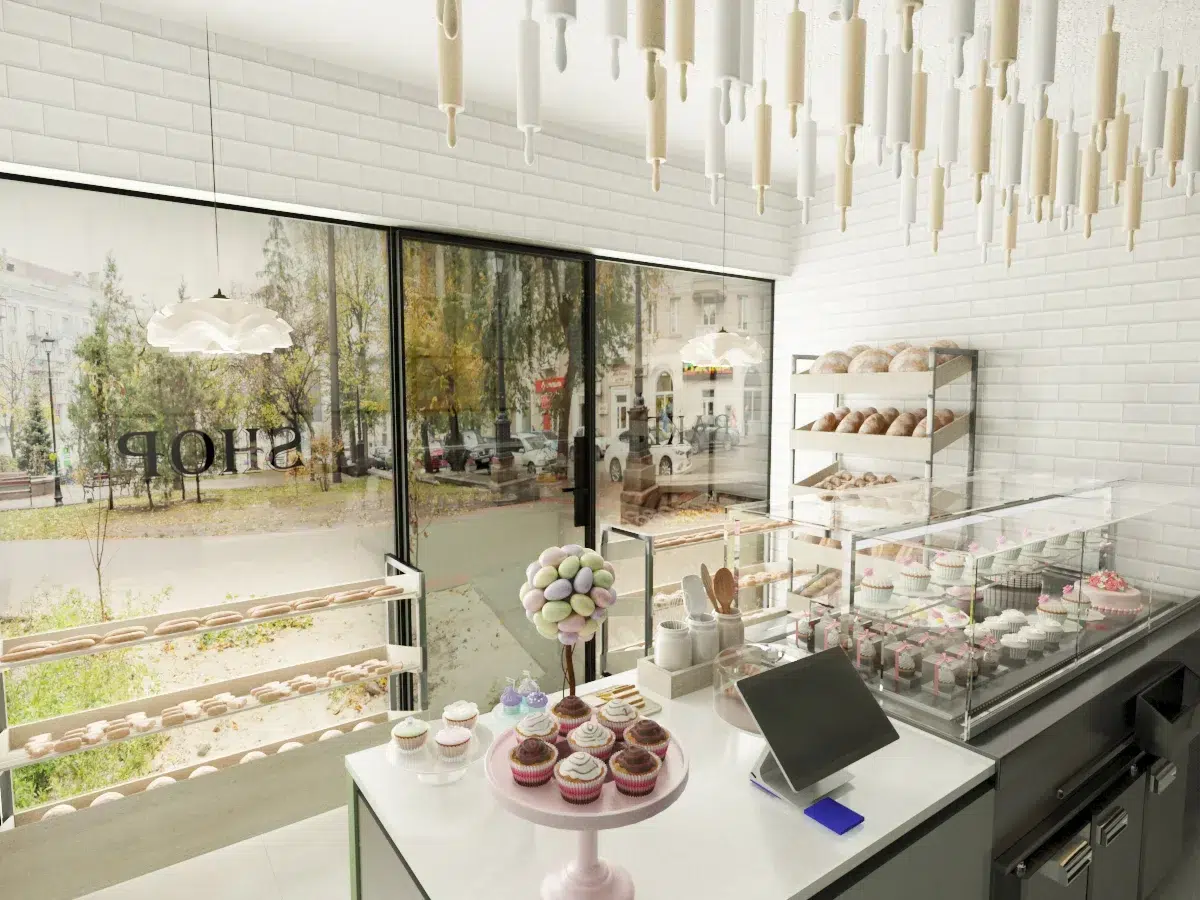 Bakery shop interior design with premium finishes and ambient lighting.