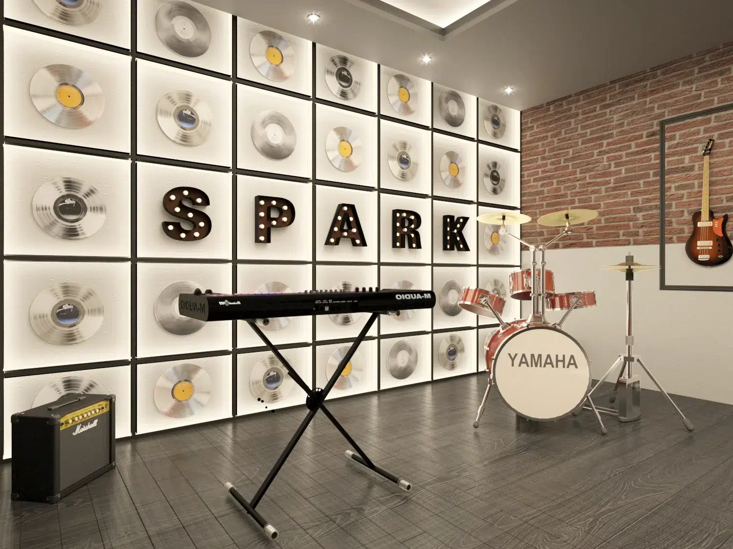 music room design with custom acoustic wall panels and modern décor