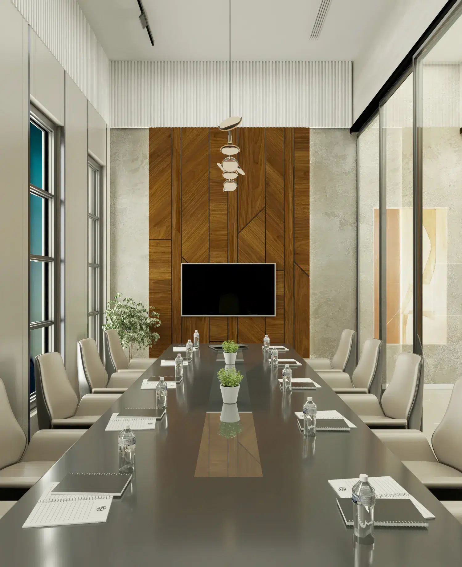 Modern meeting room interior design with sleek conference table and clean minimalist décor