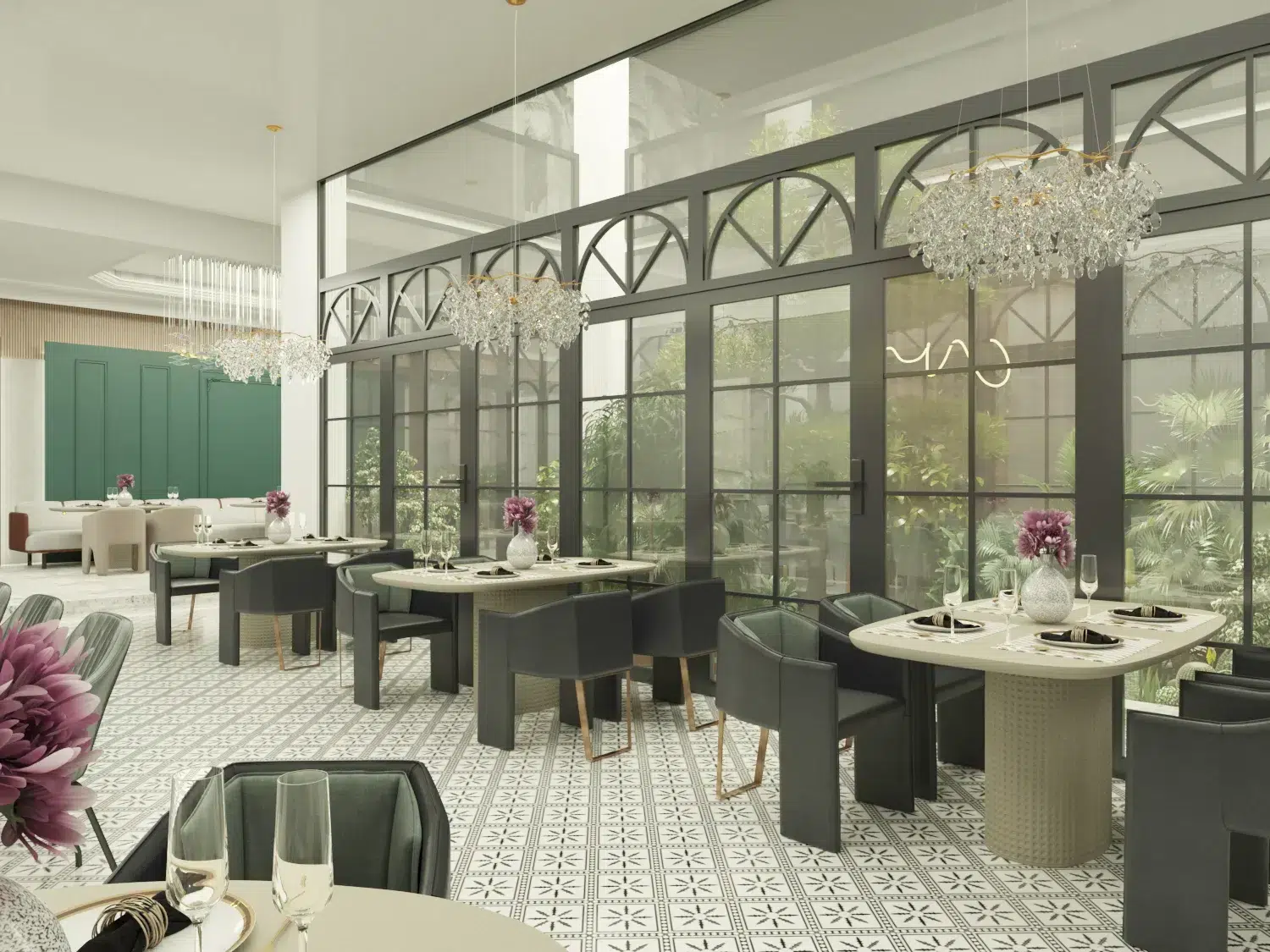 Elegant restaurant layout with premium décor and modern interior design elements