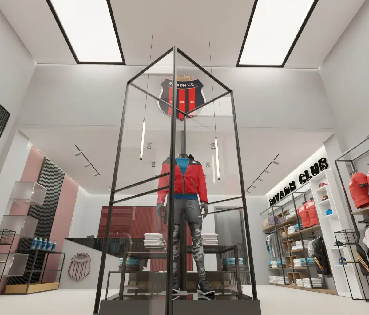 Sports store interior design with clean ceilings, sleek cabinetry, and modern finishes