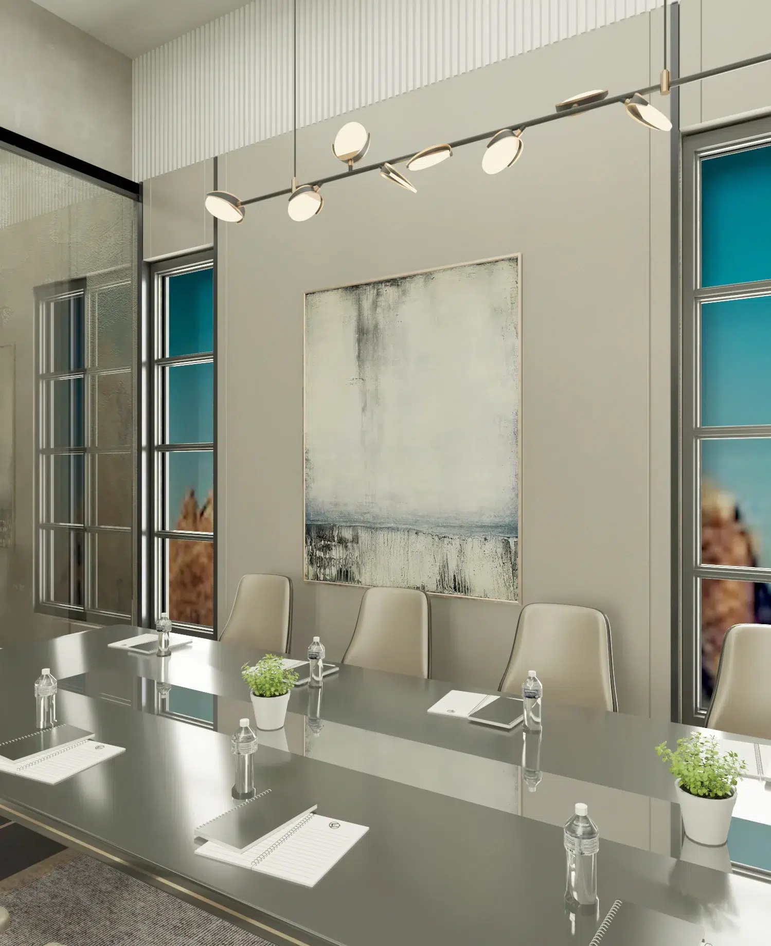 meeting room design featuring ergonomic chairs, soft lighting, and contemporary interior finishes