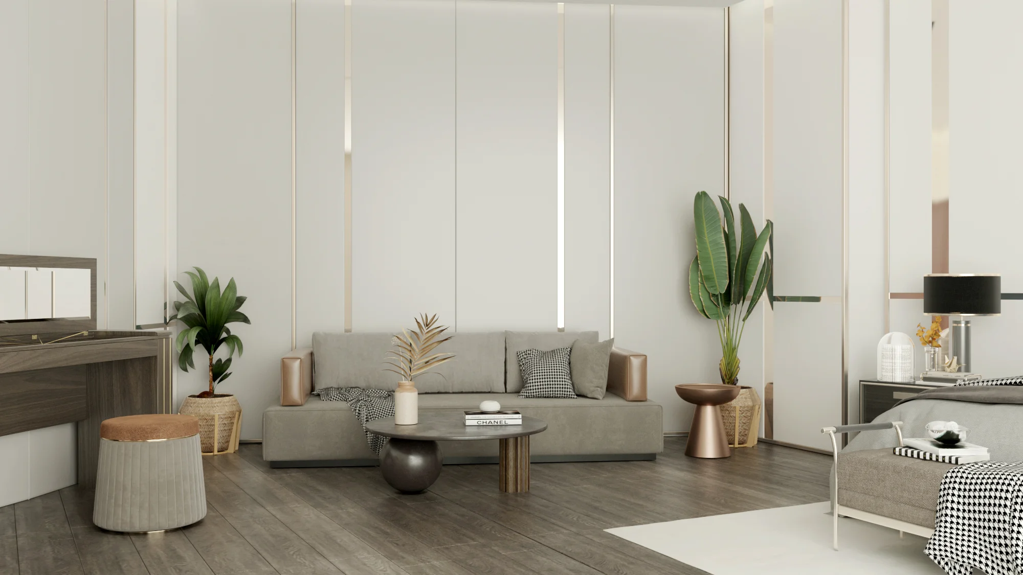 studio room interior design with modern seating space and soft lighting