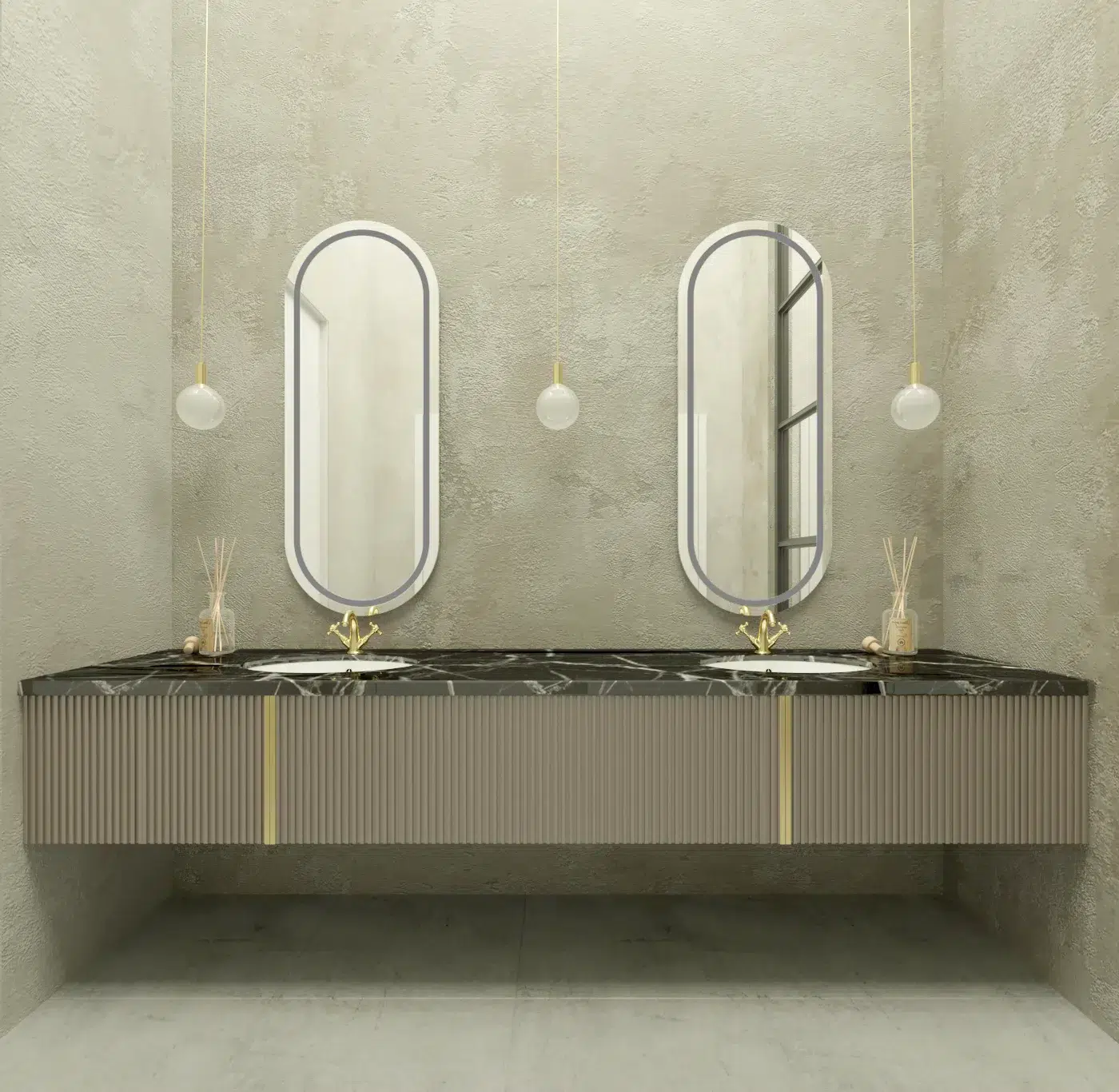 Modern office design with private bathroom featuring sleek fixtures, and minimalist interior elements