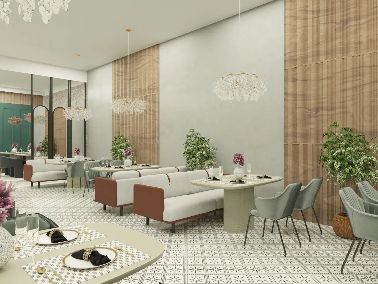 Modern restaurant interior with sleek furniture and contemporary interior design style