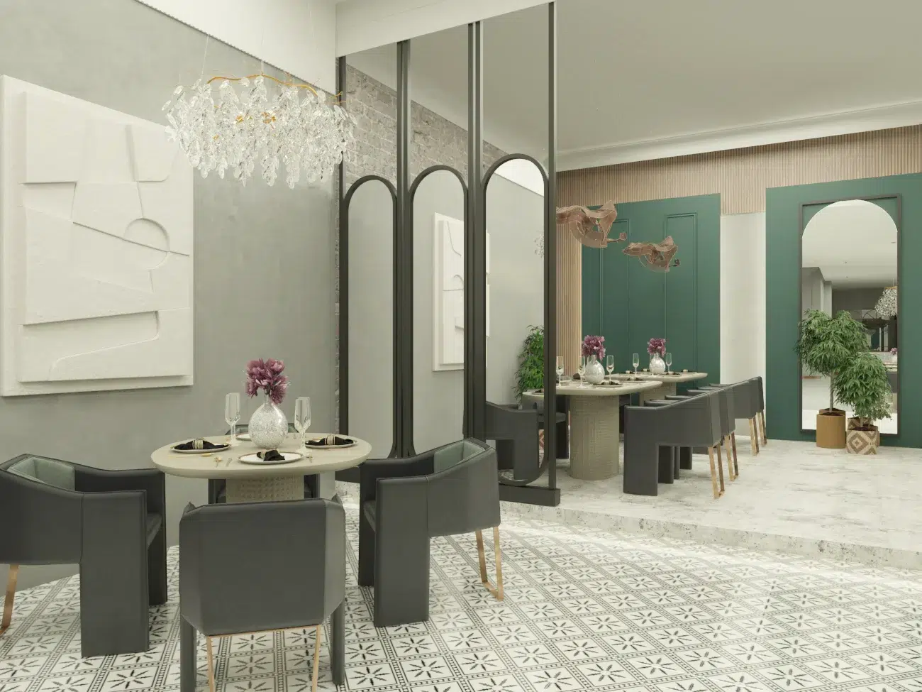 Stylish restaurant interior design with modern ceiling and elegant wall textures.