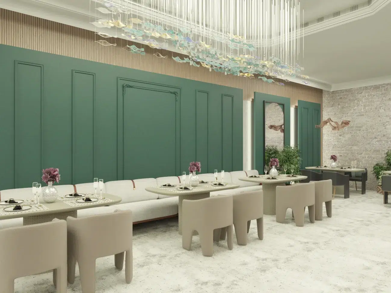 Sustainable Home restaurant interior design with unique lighting features and modern décor