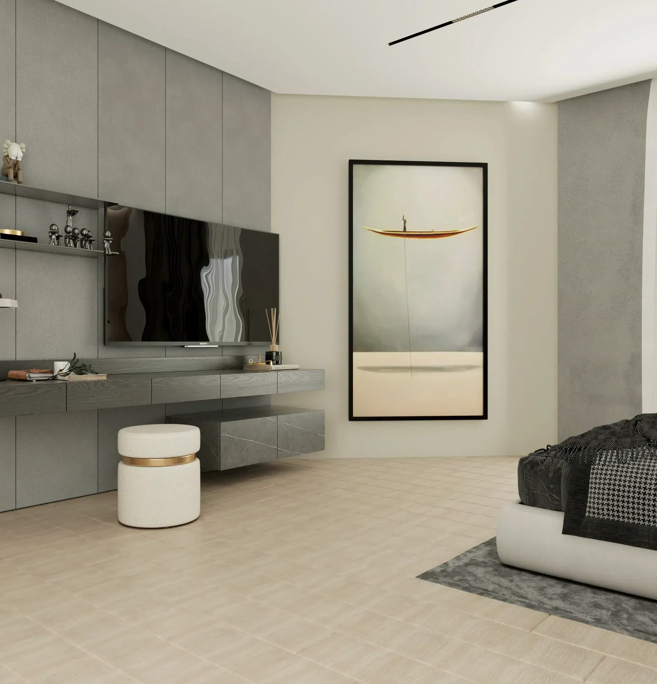 Modern bedroom interior design with a built-in TV unit