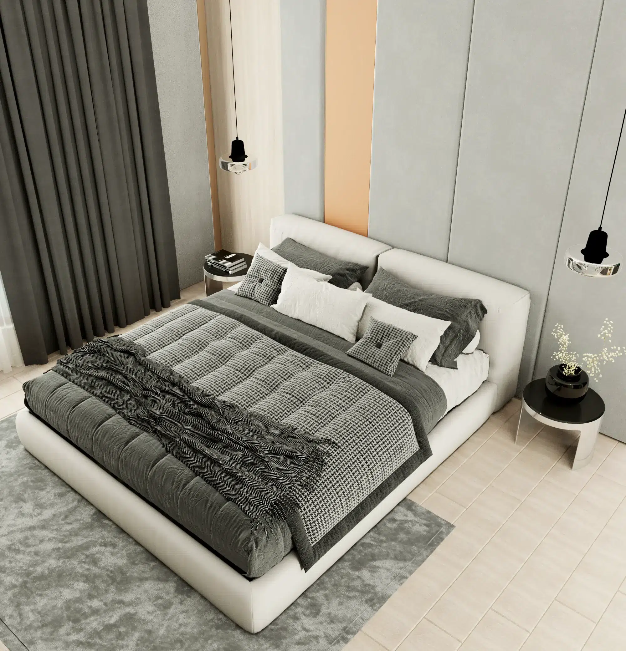 Interior design for modern bedrooms with balanced lighting and soft materials