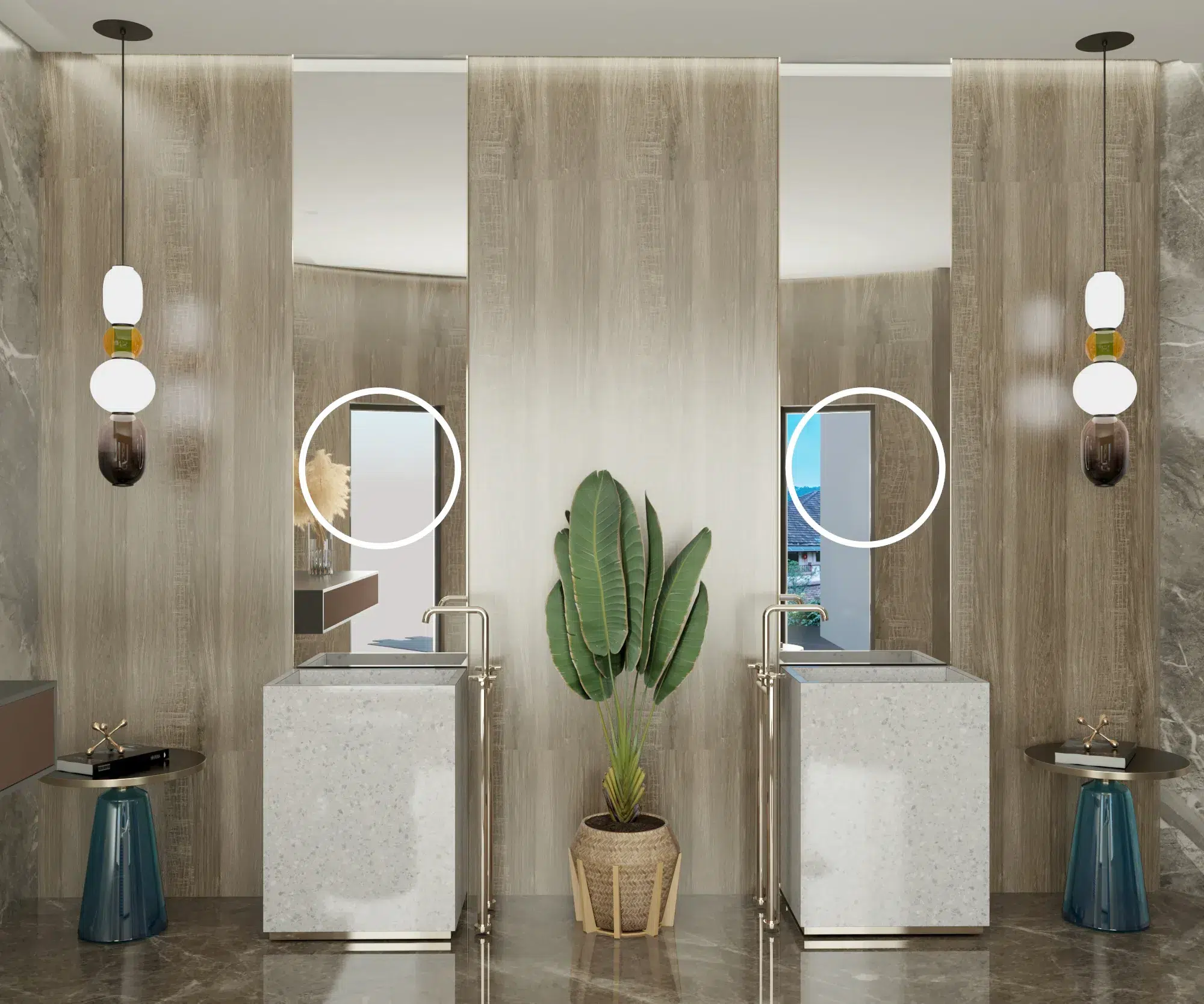 Modern studio interior design with metal accents and contemporary lighting