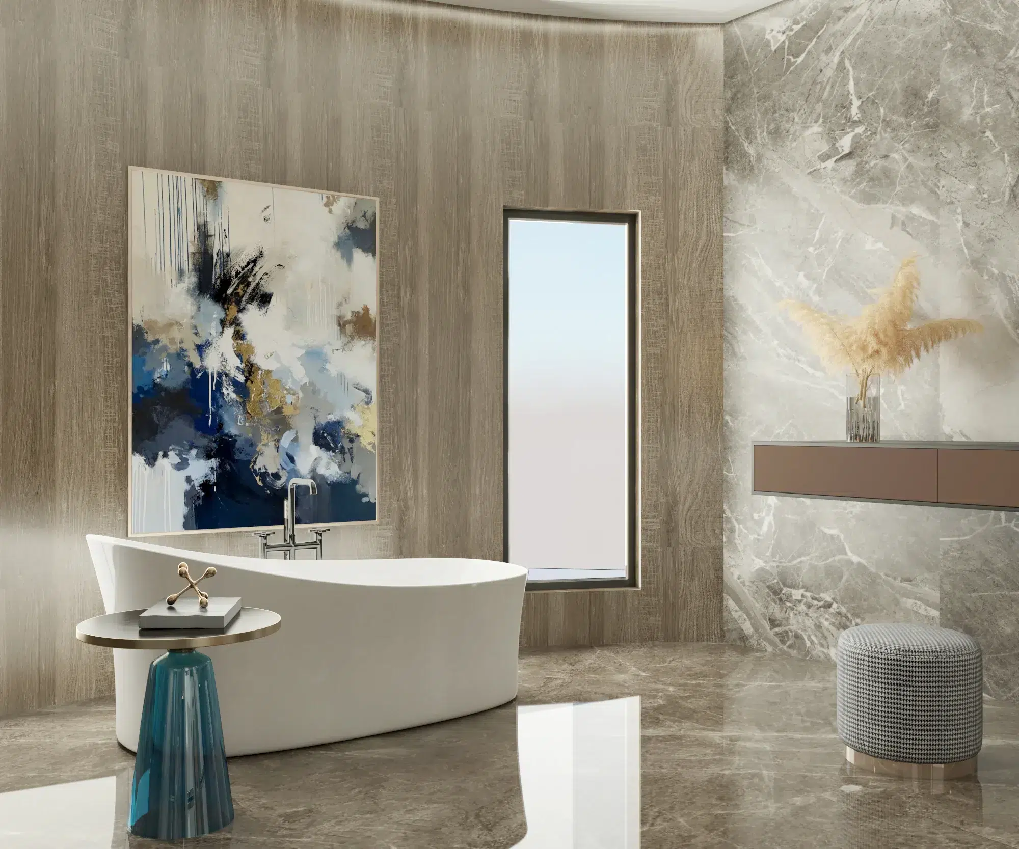 Studio room design with modern bathroom finishes and contemporary interior style