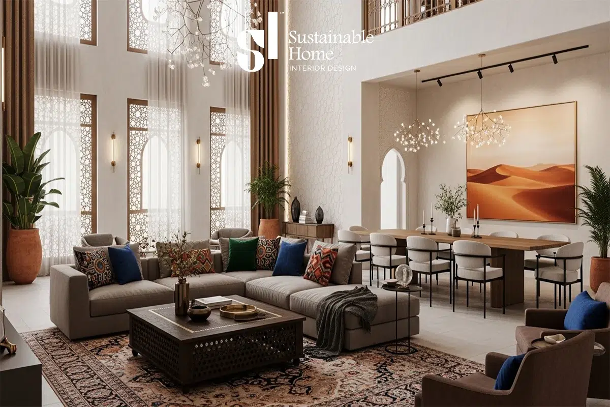 Modern living room in Riyadh showcasing the 2026 functional calm trend with neutral tones