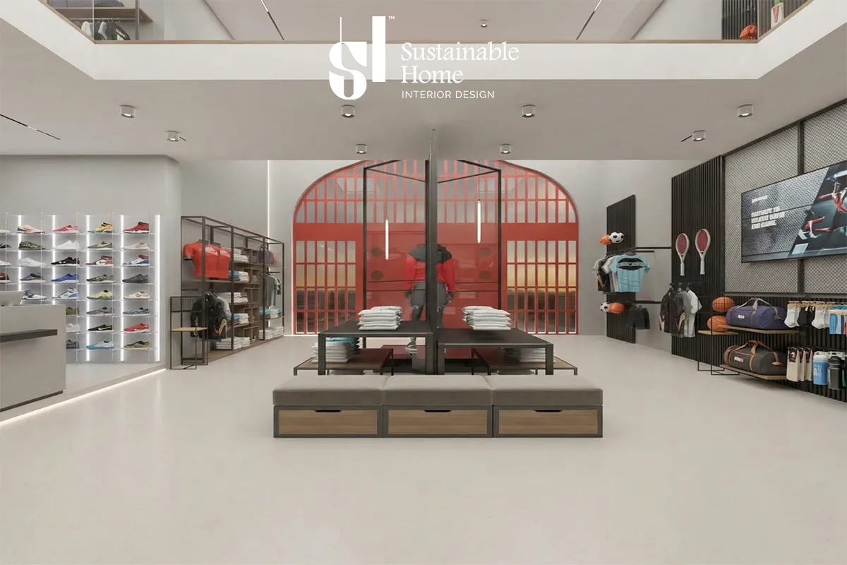 Modern sports club shop interior design in Riyadh featuring industrial shelving and stadium-style LED lighting