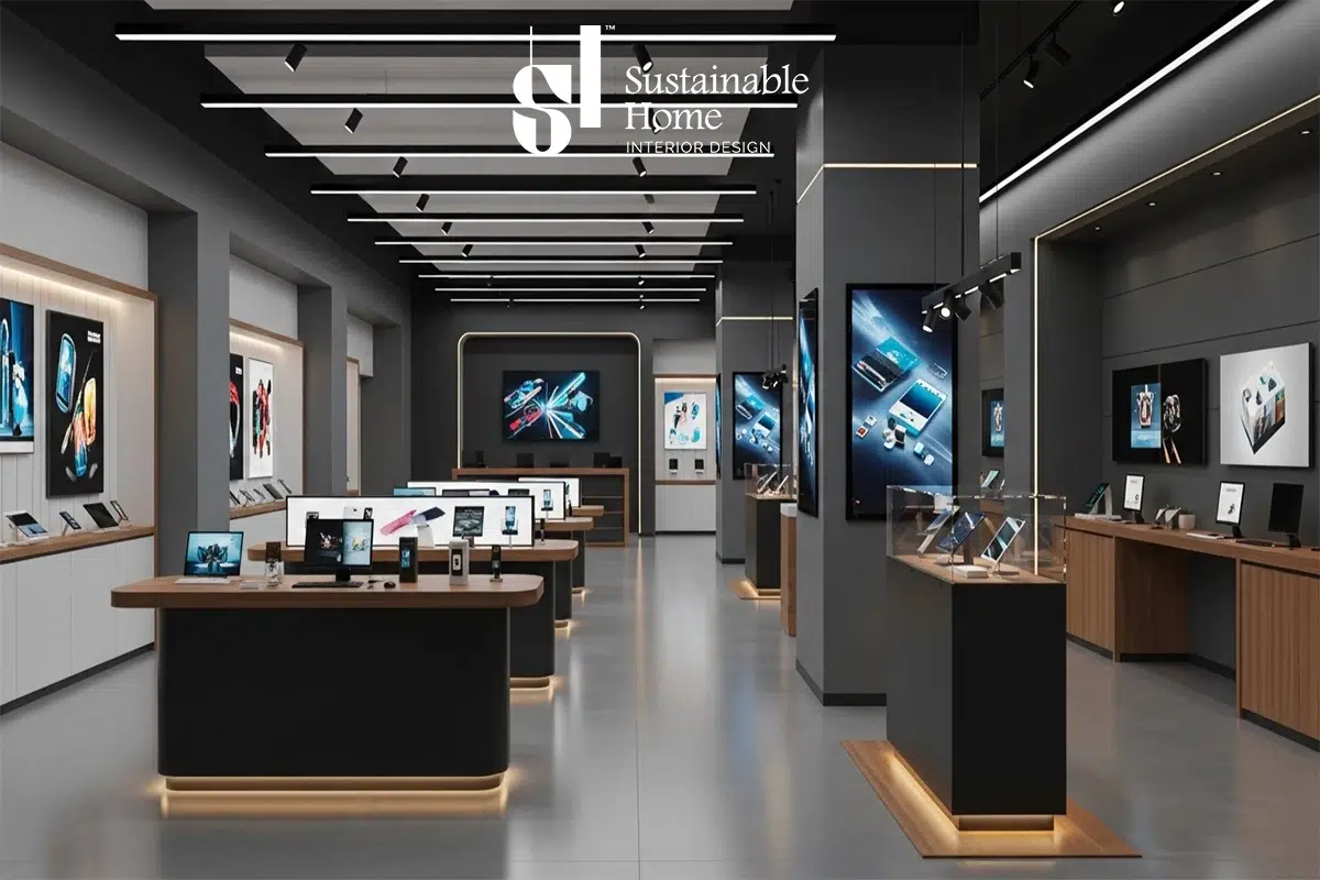 Modern tech store interior design featuring interactive product zones and sleek glass