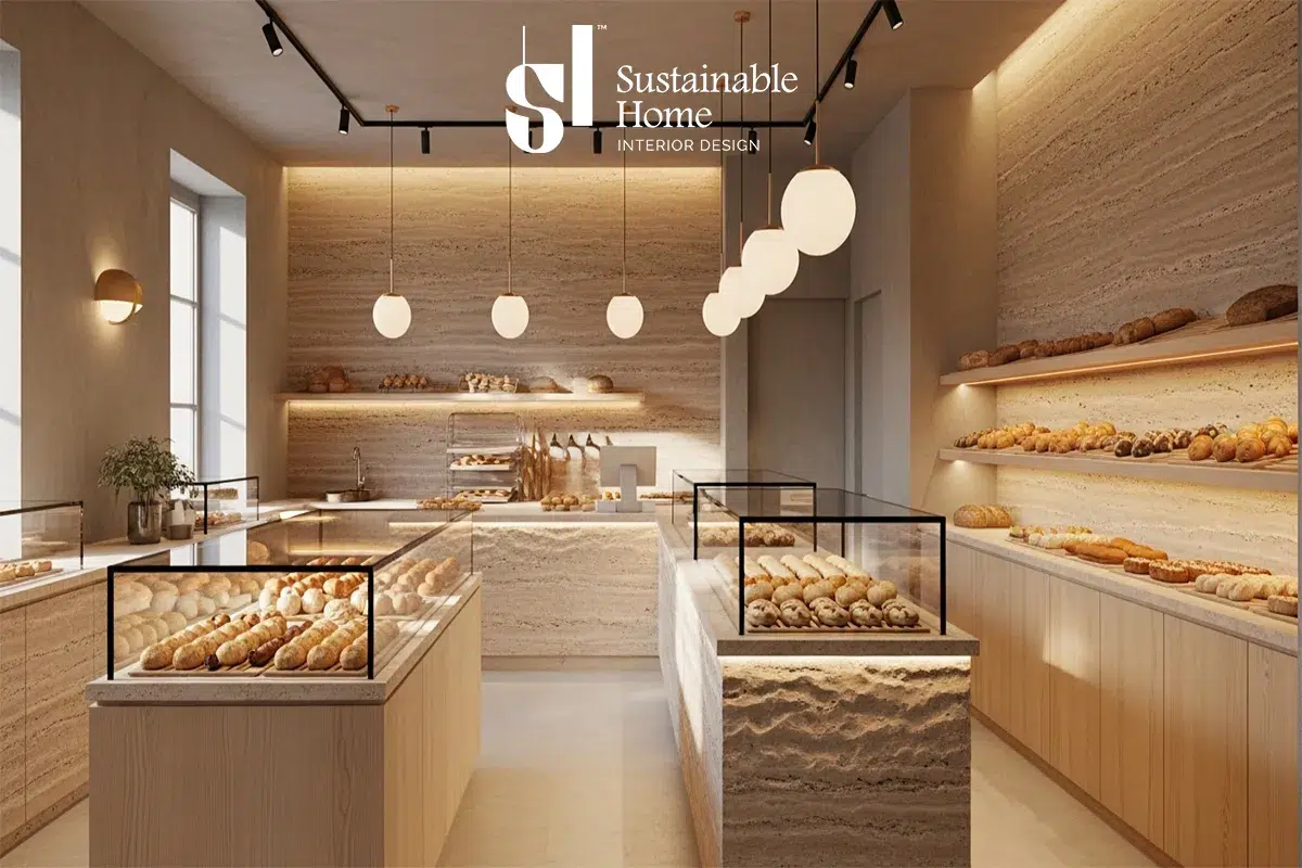 Rustic bakery interior design in Riyadh featuring warm reclaimed wood textures