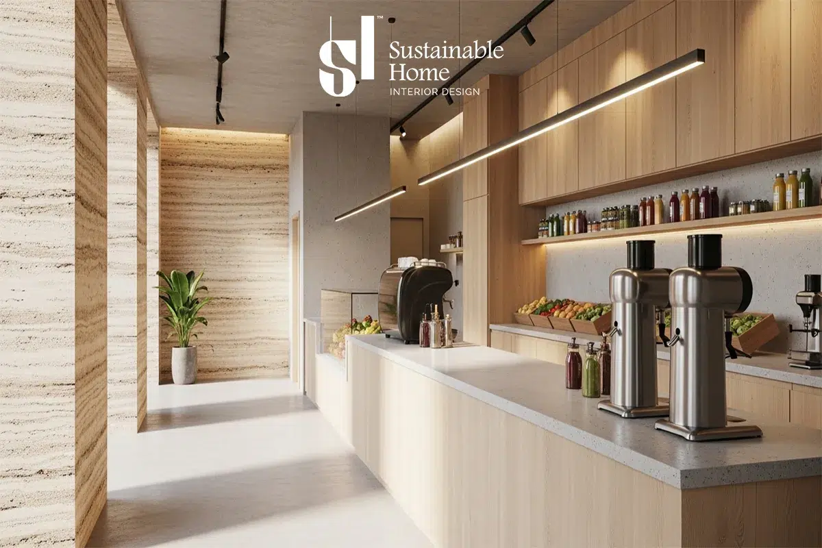 Small shop furniture design using eco-friendly materials and Mostadam standards in Saudi Arabia