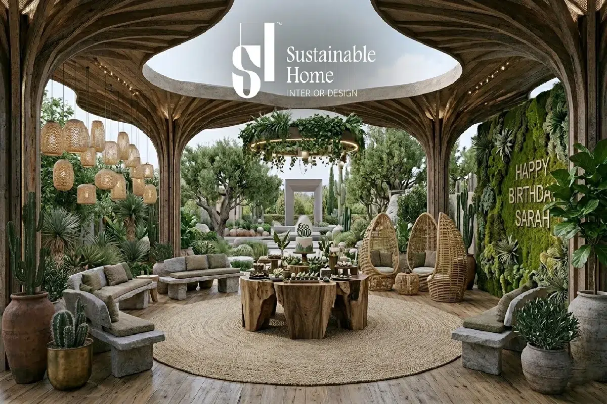 Bespoke birthday event design by Sustainable Home Riyadh, showcasing a Salmani-style outdoor villa lounge with natural stone seating, vertical moss walls, and premium Saudi hospitality aesthetics.