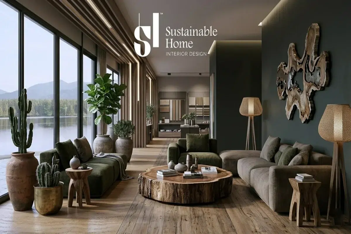 Luxury sustainable interior design in Riyadh featuring a modern open-air event space with eco-friendly wood architecture, desert-adapted landscaping, and Sustainable Home branding.