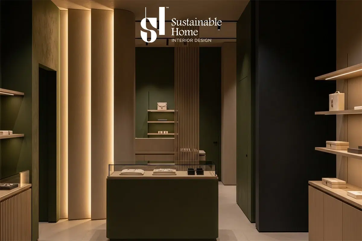 تصميم داخلي مودرن لمحل اكسسورات في الرياض بتنفيذ المنزل المستدام - استغلال ذكي للمساحات التجارية وسيكولوجية الألوان