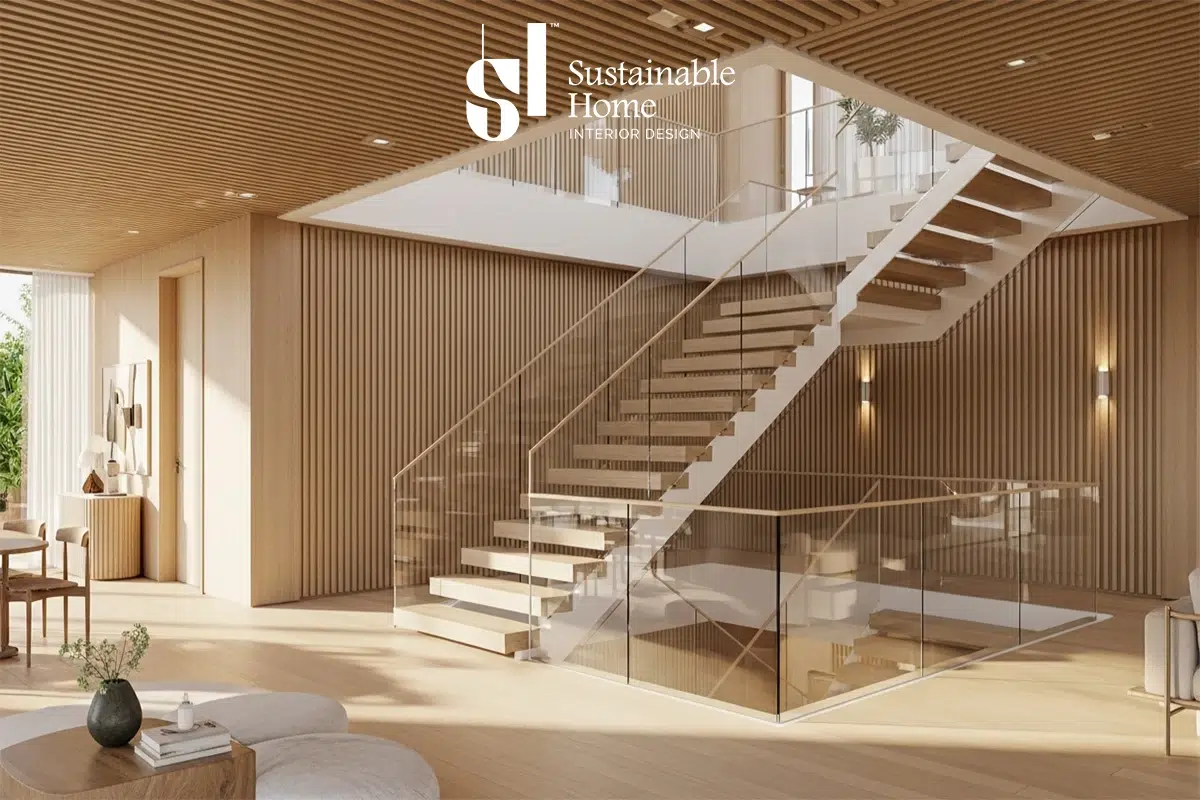 تصميم درج داخلي مودرن في فيلا بالرياض مع إضاءة ليد مخفية ودرابزين زجاجي من تنفيذ المنزل المستدام