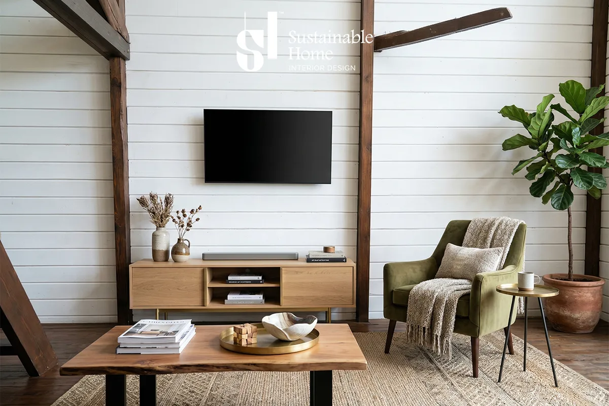 تصميم ديكور تلفزيون مودرن يدمج بين الرخام والخشب المستدام في فيلا بحي حطين الرياض من تنفيذ المنزل المستدام