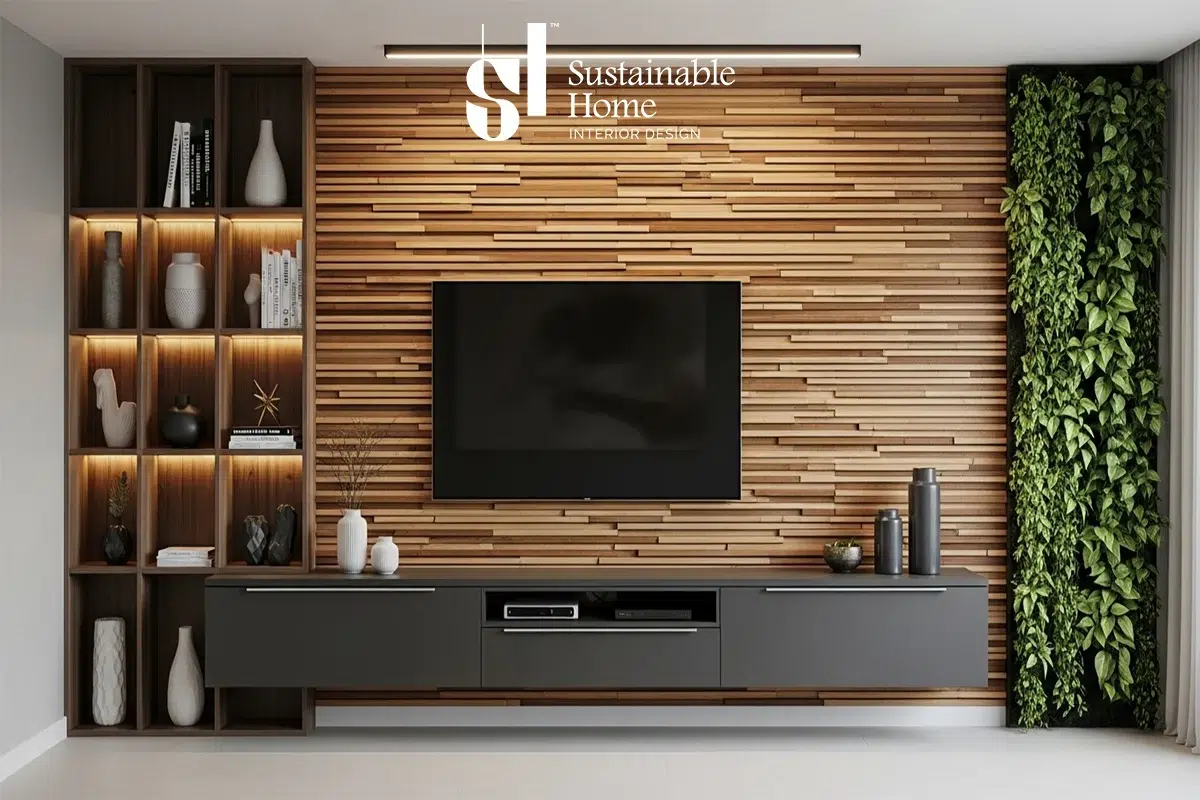 تصميم ديكور جدار تلفزيون مودرن يدمج بين بديل الرخام الفاخر والتكسيات الخشبية في فيلا بالرياض 2026