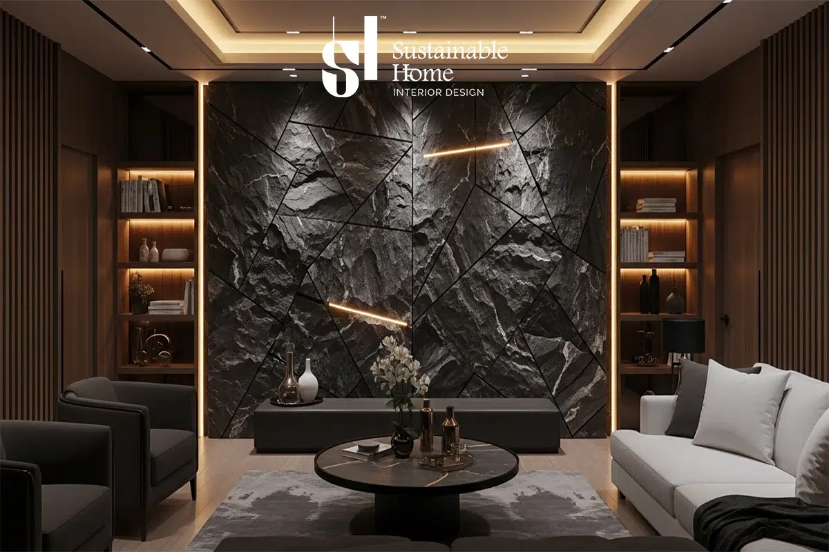 تصميم ديكور حجر داخلي للفلل الفاخرة في السعودية 2026 يعتمد على حجر الترافرتين الطبيعي في المداخل ذات الارتفاع المزدوج لتعزيز العزل الحراري وفق معايير مستدام