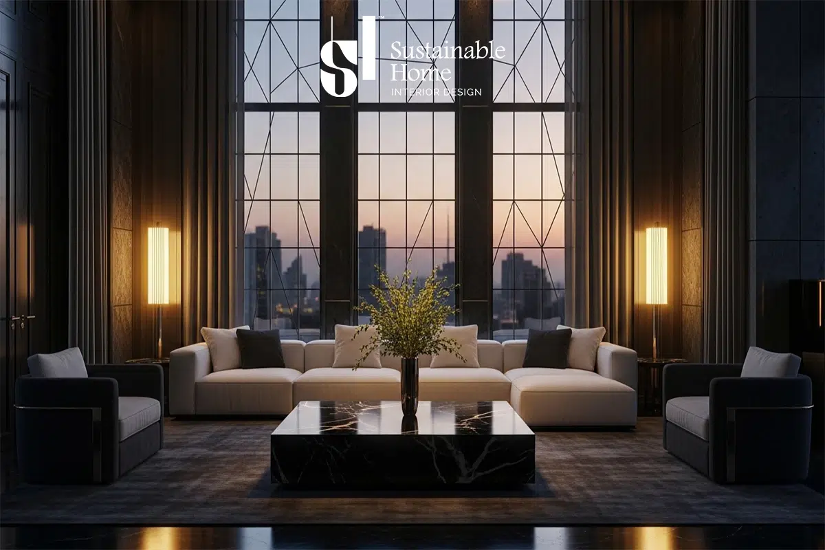 تصميم ديكور غرفة معيشة لفيلا فخمة في الرياض بنمط نيو كلاسيك يدمج بين الرخام الطبيعي ومعايير مستدام للعزل الحراري