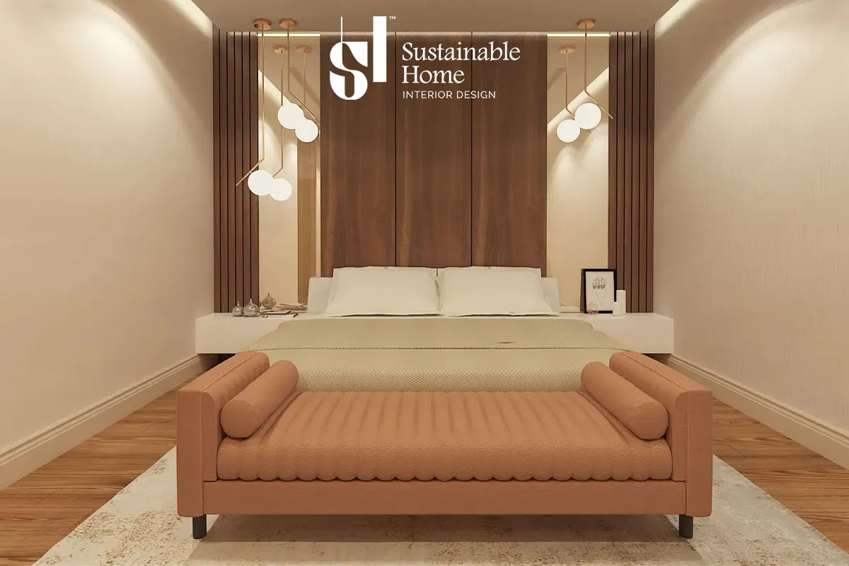 تصميم غرف نوم شباب حديثة تتميز بألواح خشبية عمودية وإضاءة معلقة كروية - المنزل المستدام