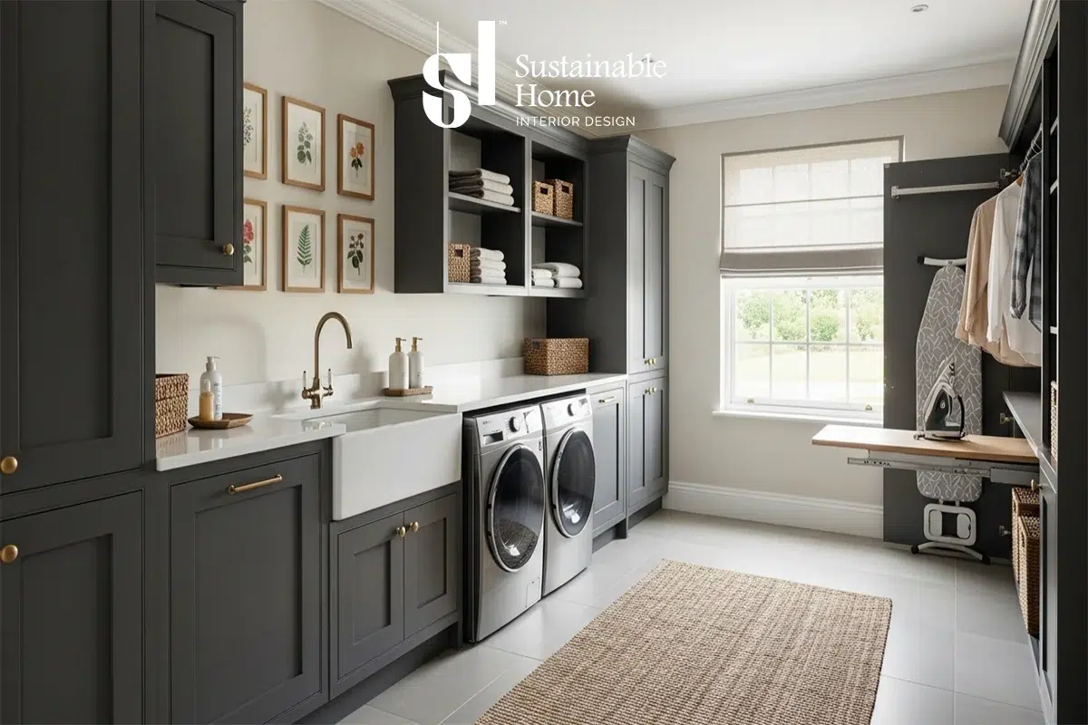 تصميم غرفة غسيل مودرن مدمجة داخل خزانة مطبخ بتوزيع ذكي للمساحات في شقة بالرياض - تنفيذ المنزل المستدام