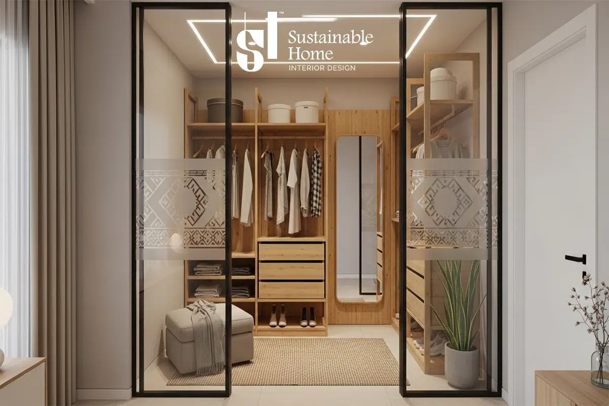 تصميم غرفة ملابس صغيرة مستدامة داخل غرفة نوم في شقة بحي العقيق الرياض 2026