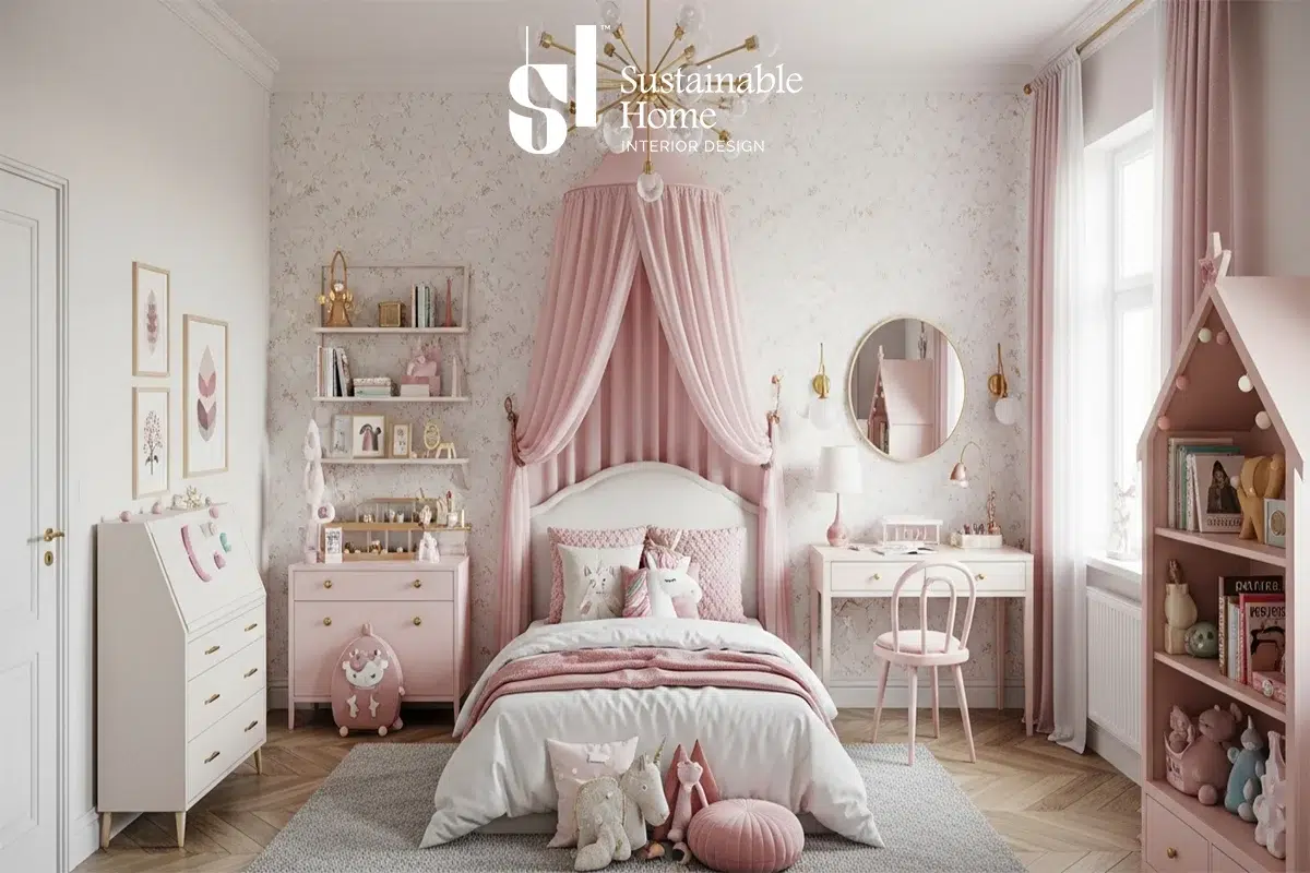 تصميم غرفة نوم بنات مودرن في الرياض بأسلوب الرفاهية الهادئة (Quiet Luxury) مع ركن عناية وإضاءة احترافية CRI > 90.