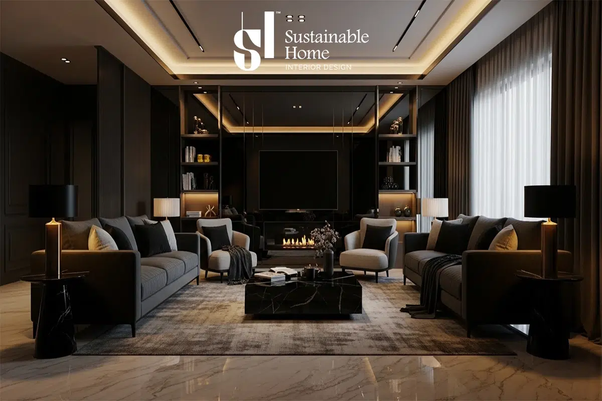 تنسيق ديكور غرفة معيشة مودرن في شقة سكنية بالرياض يعتمد على الأثاث العائم والإضاءة الطبقية لزيادة الاتساع البصري